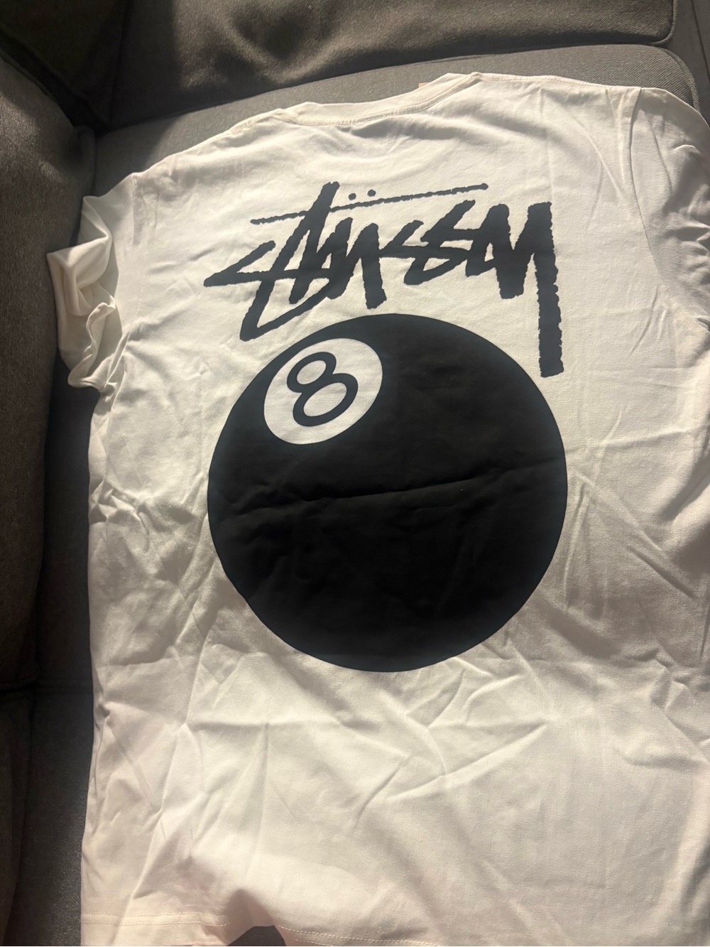 Stussy White Short-Sleeve Tee with Black 8-Ball Back Graphic